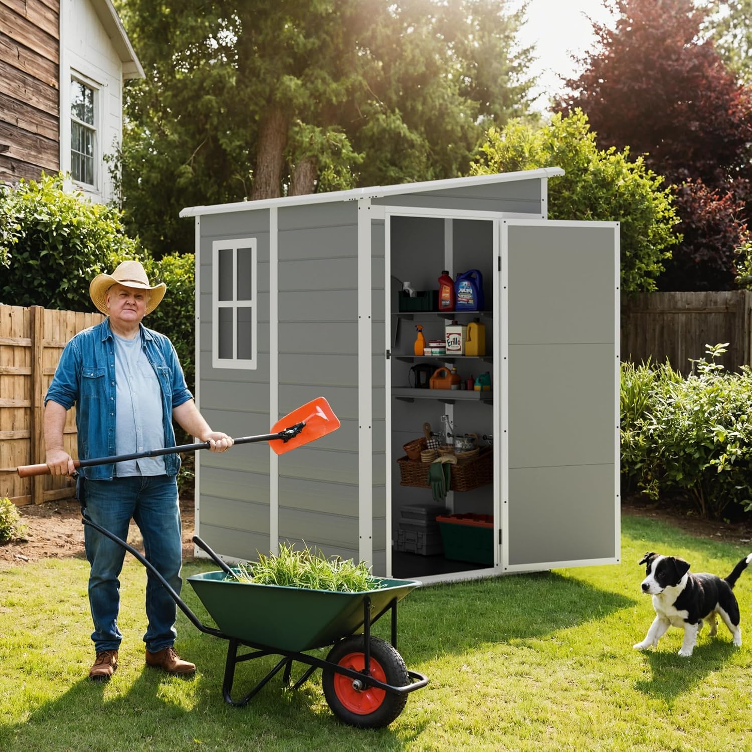 Wandnaher Garten-Geräteschuppen Grau – Platzsparender Werkzeugschuppen mit Einzeltür & Fenster
