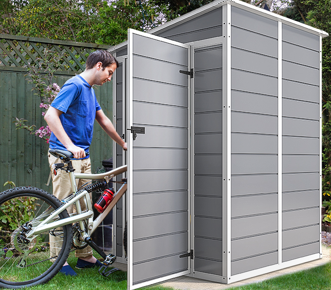 Wandnaher Garten-Geräteschuppen Grau – Platzsparender Werkzeugschuppen mit Einzeltür & Fenster