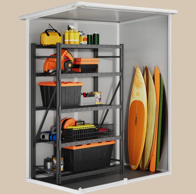 Wandnaher Garten-Geräteschuppen Grau – Platzsparender Werkzeugschuppen mit Einzeltür & Fenster