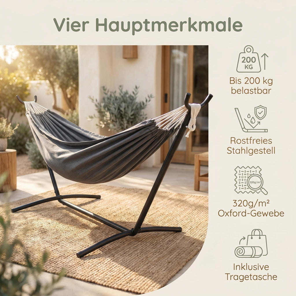 Haengematte mit Stativ - Komfortable Liege fuer Garten, Balkon & Camping, Wetterfest & Tragfaehig