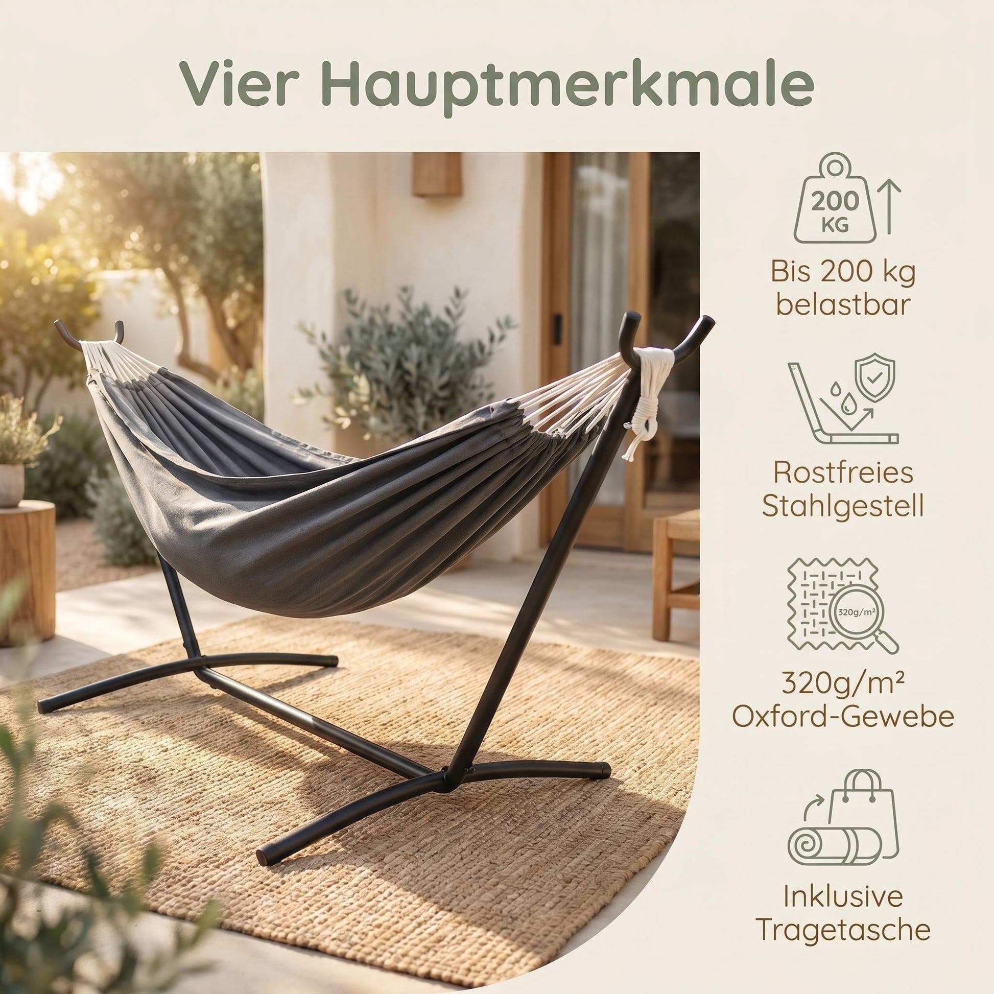 Haengematte mit Stativ - Komfortable Liege fuer Garten, Balkon & Camping, Wetterfest & Tragfaehig