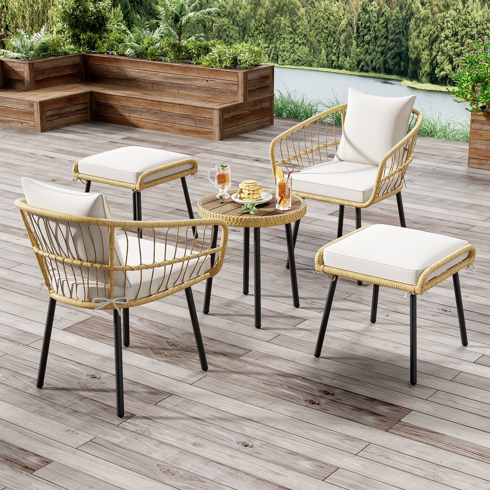5-teiliges Garten-Lounge-Set, bestehend aus 1 Esstisch, 2 Stühlen, 2 Hockern, Möbeln, Rattan, Natur