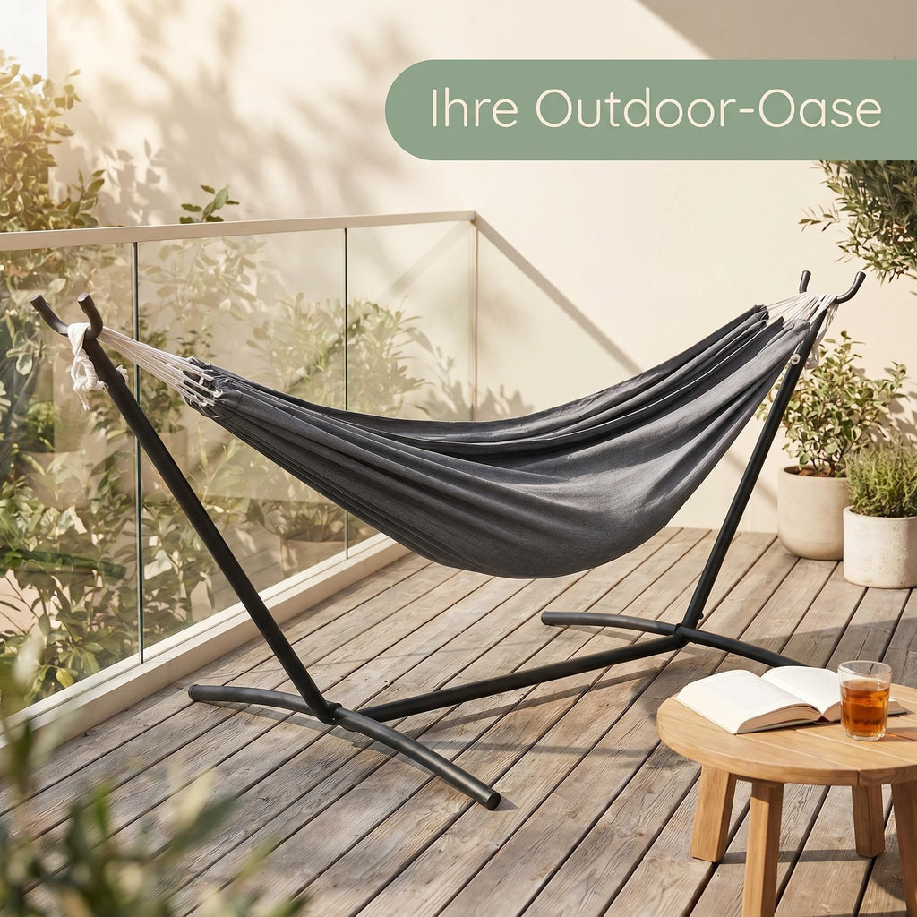 Haengematte mit Stativ - Komfortable Liege fuer Garten, Balkon & Camping, Wetterfest & Tragfaehig