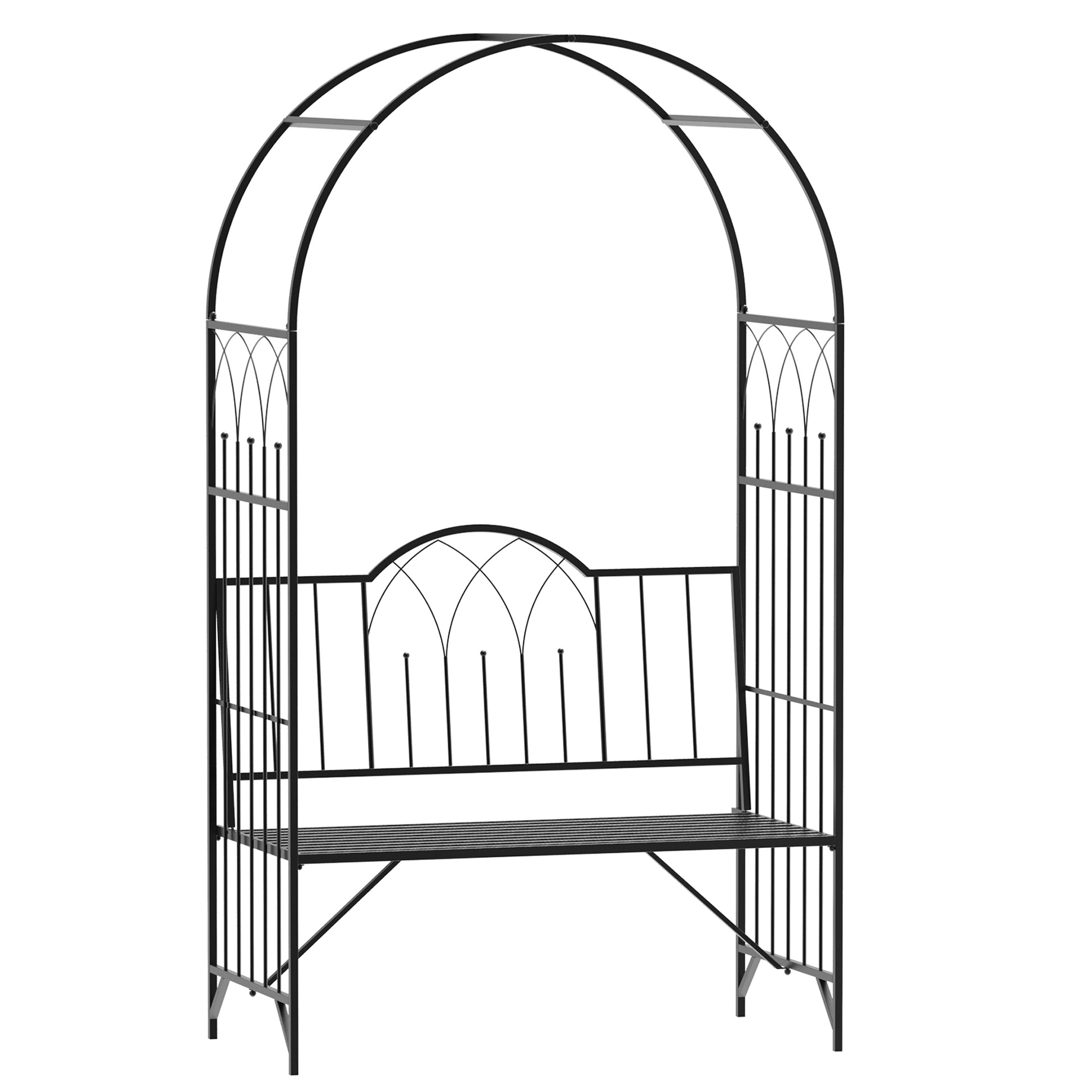 Rosenbogen mit Bank 121x50x203 cm, Metall Schwarz, Laubenbank Philosophenbank, Rankhilfe für Garten & Terrasse