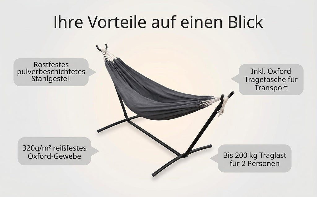 Haengematte mit Stativ - Komfortable Liege fuer Garten, Balkon & Camping, Wetterfest & Tragfaehig