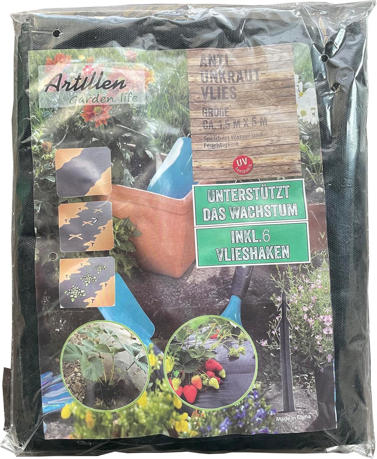 Unkrautvlies inkl. 6 Vlieshaken – Anti-Unkraut-Vlies 1,5m×5m 30g/m², Wasserdurchlässig & Reißfest für Garten, Hochbeet & Gewächshaus