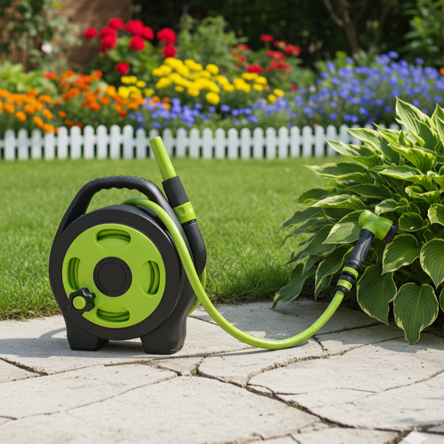 Kompakte Micro Schlauchtrommel Set mit 11.5M PVC Gartenschlauch & Sprühdüse – Einfache Bewässerung & platzsparende Lagerung