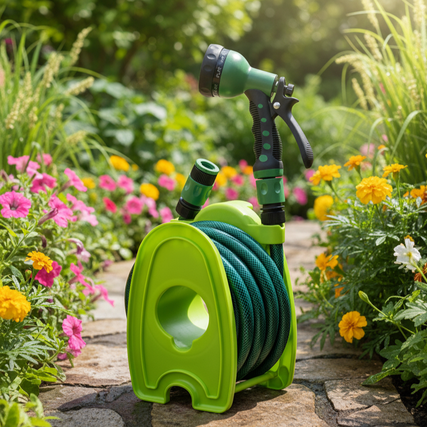 Mini-Schlauchtrommel: 10m PVC-Gartenschlauch & 7-Funktionen-Düse für flexible Bewässerung