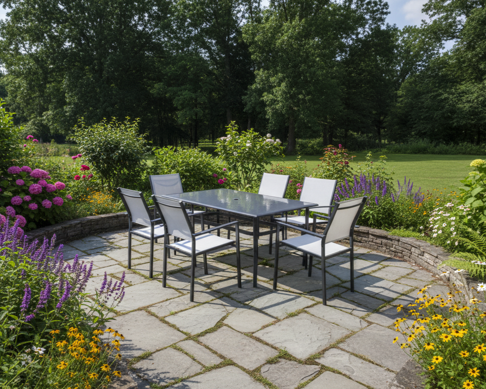 Outdoor Essgruppe mit 6 Stühlen und Glastisch – Wetterfest & Komfortabel für Garten & Terrasse