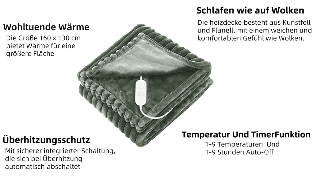 Elektrische Heizdecke mit 9 Temperaturstufen & Timer – Waschbar für höchsten Komfort