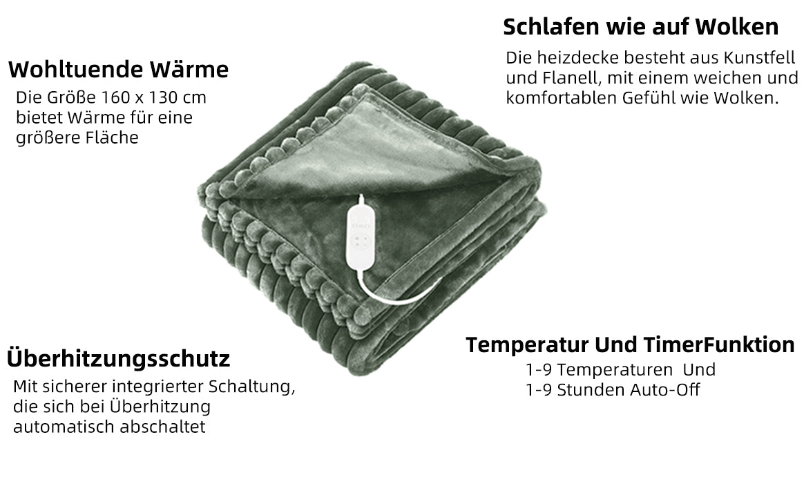 Elektrische Heizdecke mit 9 Temperaturstufen & Timer – Waschbar für höchsten Komfort
