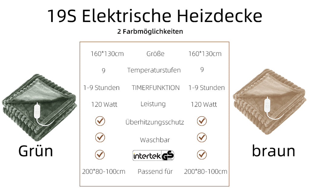 Elektrische Heizdecke mit 9 Temperaturstufen & Timer – Waschbar für höchsten Komfort