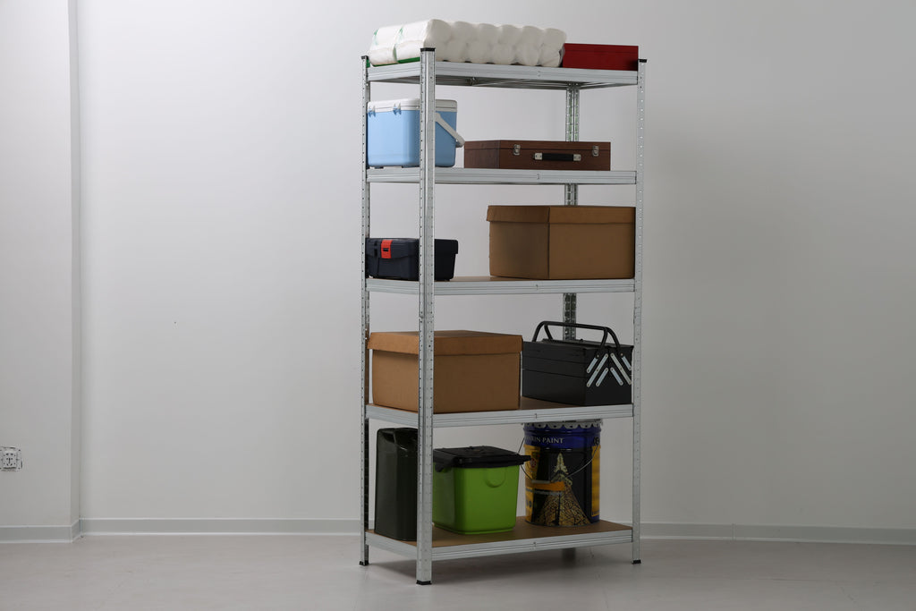 Stabiles Steckregal aus verzinktem Stahl mit 5 flexiblen MDF-Böden – Einfache Montage & Hohe Belastbarkeit