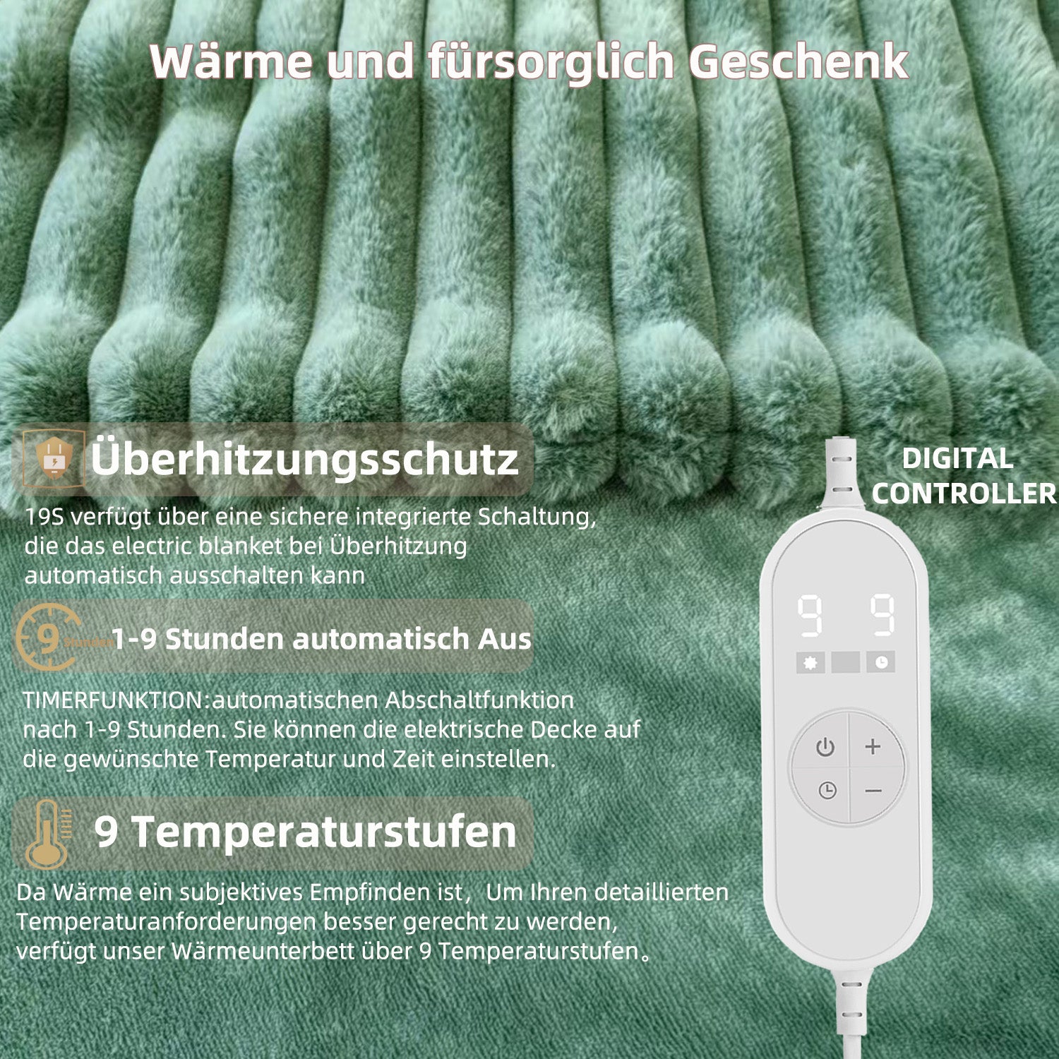 Elektrische Heizdecke mit 9 Temperaturstufen & Timer – Waschbar für höchsten Komfort