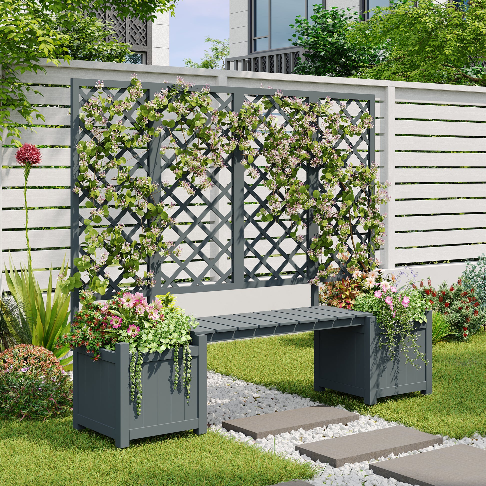 Blumentopf, Blumentopf mit Spalier als Rankhilfe, Blumentopf mit viel Platz, Blumenkasten Pflanzkasten, graue Tanne massiv, Blumentopf mit Spalier und Sitzgelegenheit für Garten Terrasse