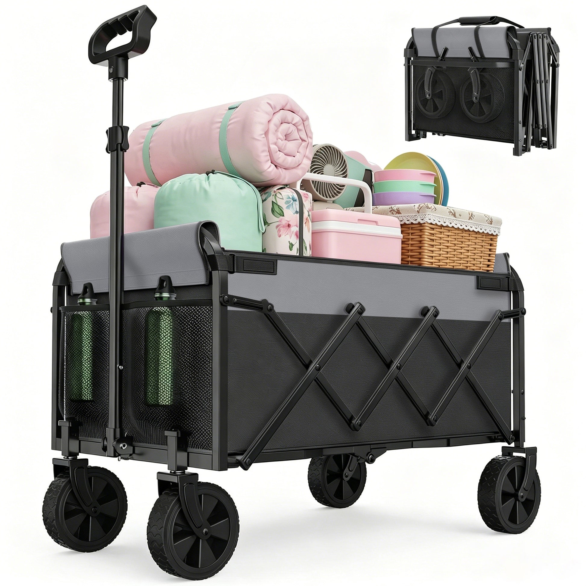 Mini Bollerwagen Faltbar Klein 100KG, Handwagen Klappbar, Faltbarer Einkaufswagen Campingwagen mit Höhenverstellbarem Griff, Leicht & Platzsparend & Stabil, Schwarz