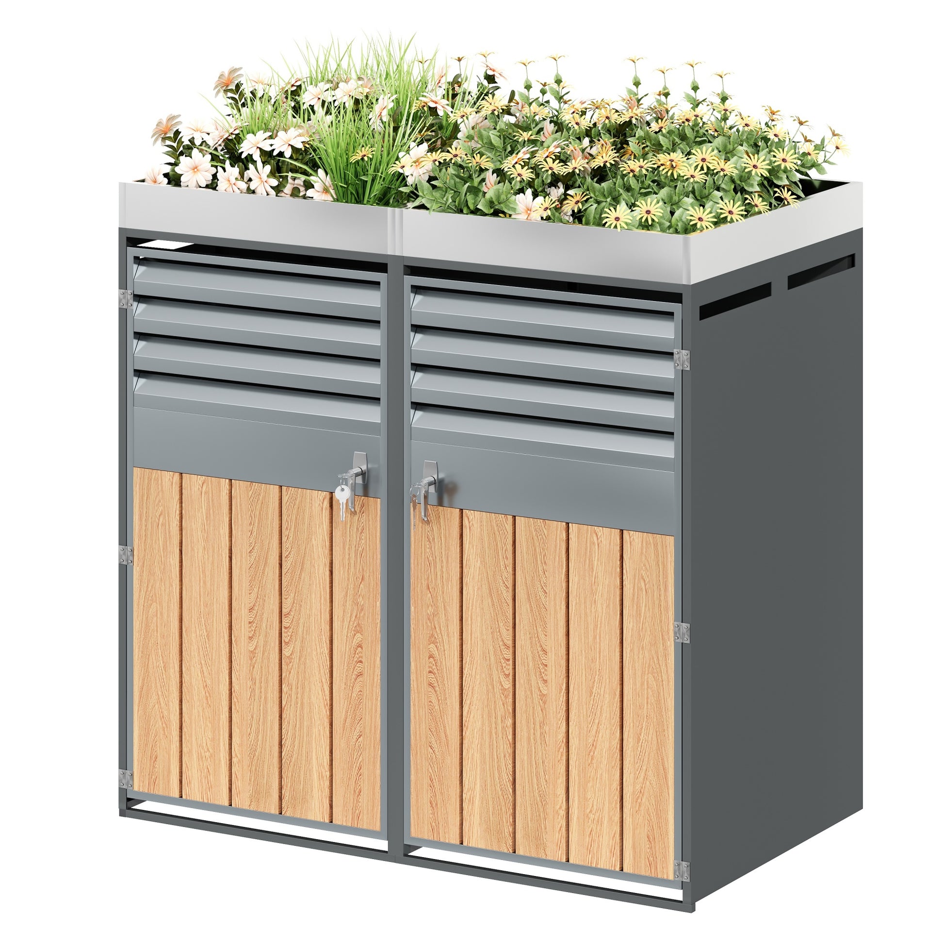 Mülltonnenbox ,Lüftungsöffnung mit Lamellen, trash storage compartments,Abschließbar, Zwei Türen,Pflanzfläche