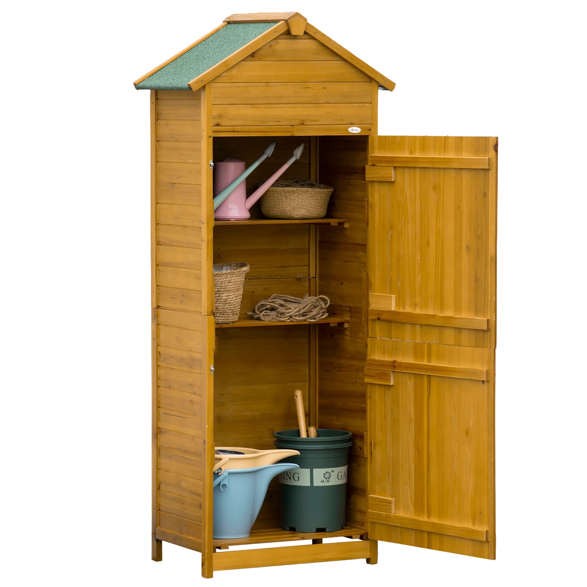 Gerätehaus aus Naturholz, Geräteschrank, Gartenschrank, Gartenhaus, Geräteschuppen, 2 Regale, wetterfest, 2 Türen, 79 x 49 x 191,5cm