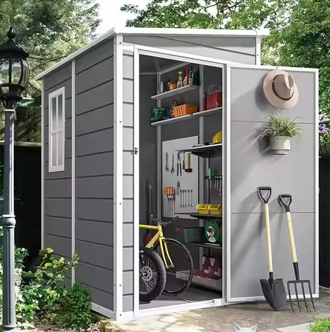 Wandnaher Garten-Geräteschuppen Grau – Platzsparender Werkzeugschuppen mit Einzeltür & Fenster