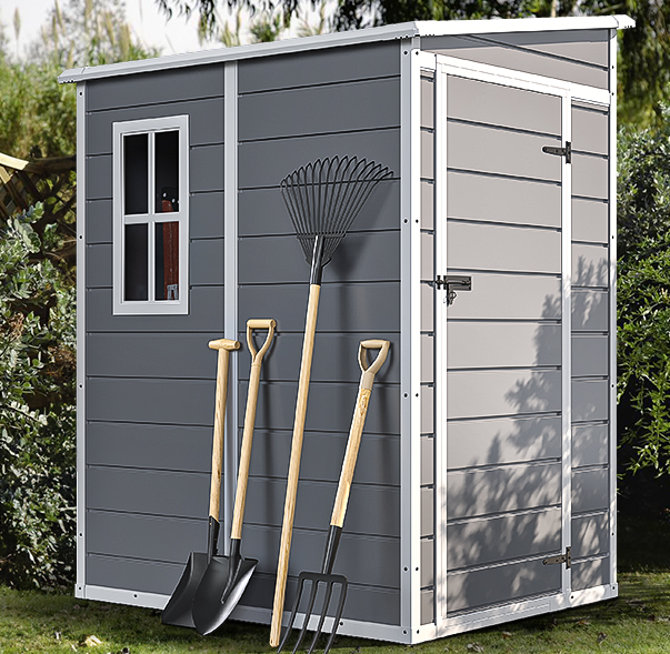 Wandnaher Garten-Geräteschuppen Grau – Platzsparender Werkzeugschuppen mit Einzeltür & Fenster