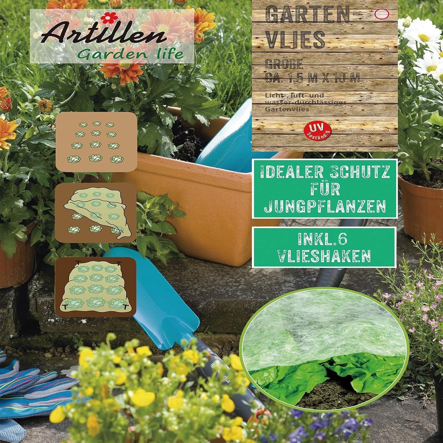 Garten-Vlies 1,5m×10m inkl. 6 Hooks – Frostschutzvlies & Abdeckvlies für Pflanzen, Atmungsaktives Frühbeetvlies für Gemüsebeete