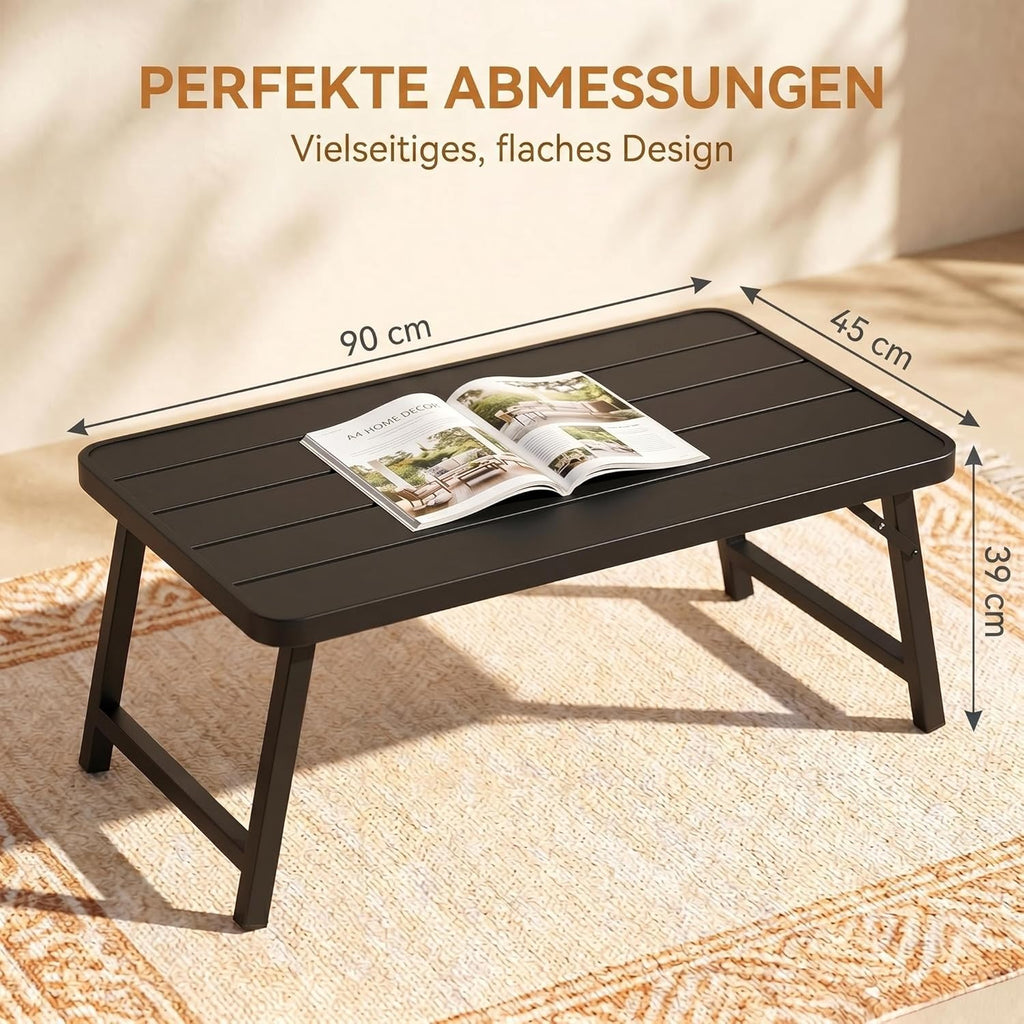 Schwarzer Klappbarer Outdoor-Couchtisch 90×40×39cm – Eisen-Terrassentisch, Wetterfest, Keine Montage Notwendig