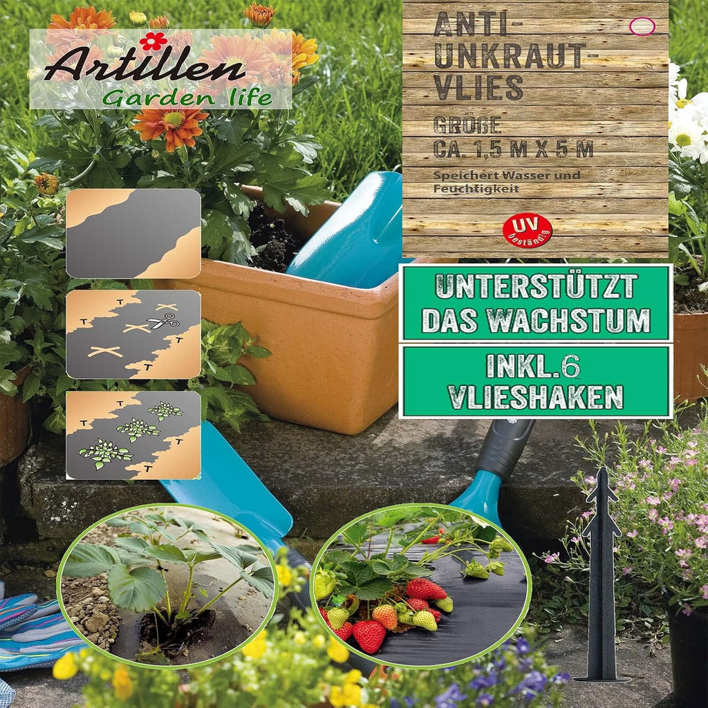 Unkrautvlies inkl. 6 Vlieshaken – Anti-Unkraut-Vlies 1,5m×5m 30g/m², Wasserdurchlässig & Reißfest für Garten, Hochbeet & Gewächshaus