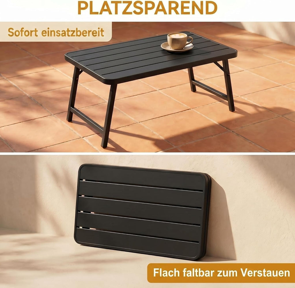 Schwarzer Klappbarer Outdoor-Couchtisch 90×40×39cm – Eisen-Terrassentisch, Wetterfest, Keine Montage Notwendig