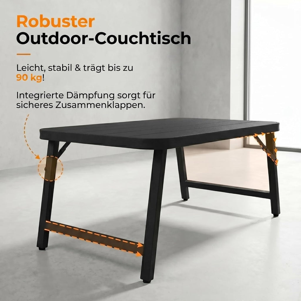 Schwarzer Klappbarer Outdoor-Couchtisch 90×40×39cm – Eisen-Terrassentisch, Wetterfest, Keine Montage Notwendig
