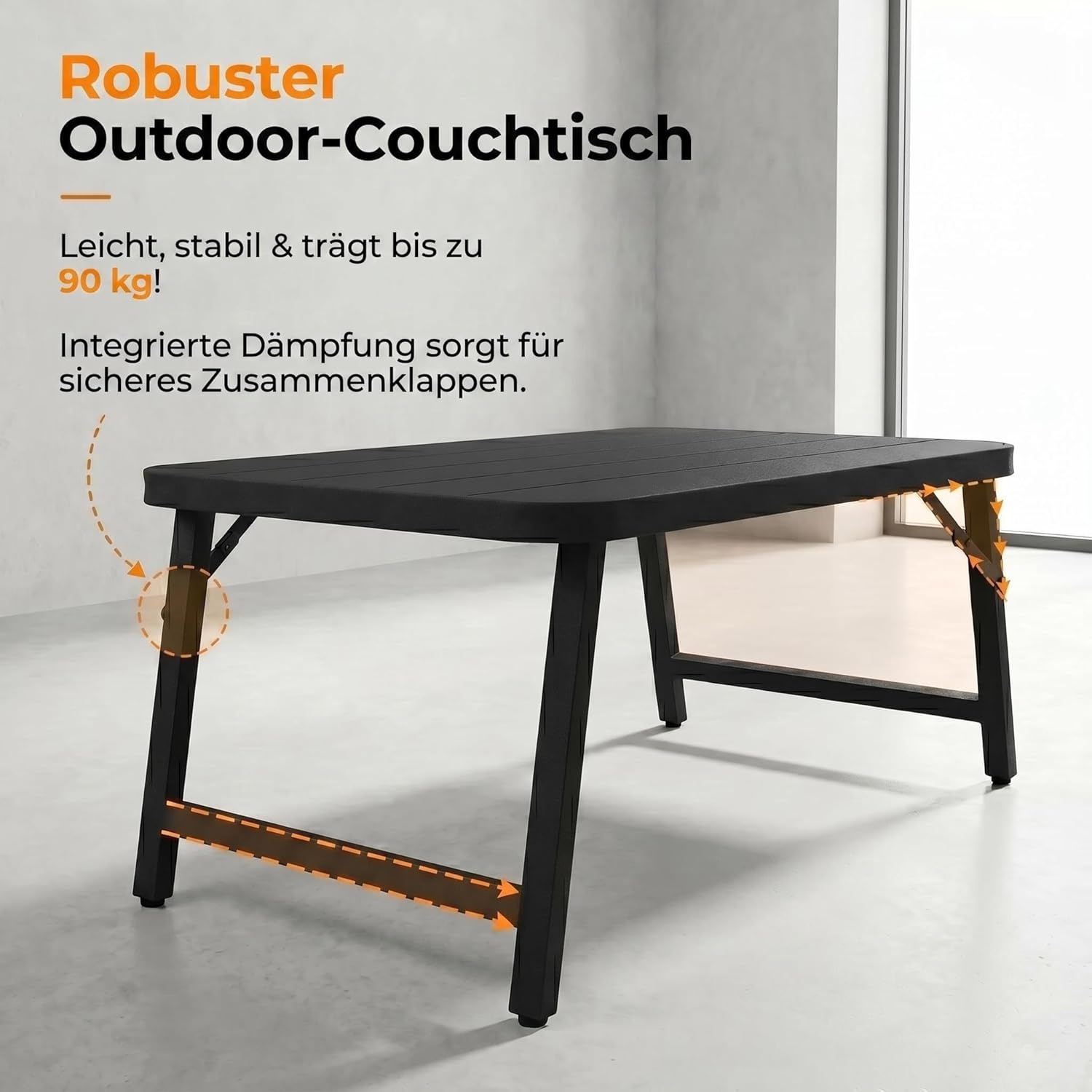 Schwarzer Klappbarer Outdoor-Couchtisch 90×40×39cm – Eisen-Terrassentisch, Wetterfest, Keine Montage Notwendig